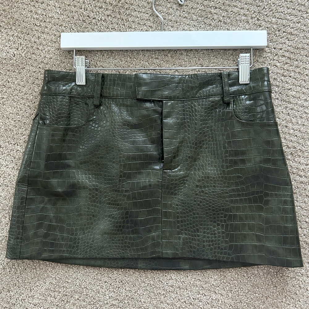 Mango Olive Green Faux Croc Mini Skirt